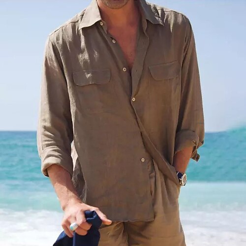 

Men's Shirt Solid Color Turndown Daily Holiday Button-Down Long Sleeve Tops Simple Casual Comfortable Beach Brown