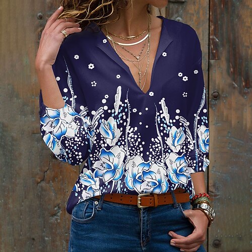 

Women's Blouse Floral Daily Weekend Floral Blouse Shirt Long Sleeve Print V Neck Casual Streetwear Navy Blue S / 3D Print