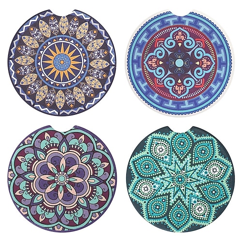 

2.56 inch Car Coasters for Drinks Absorbent Mandala Ceramic Car Cup Holder Coaster for Your Car with Fingertip Grip Removable Cute Auto Accessories Keep Car Clean for Women & Girls