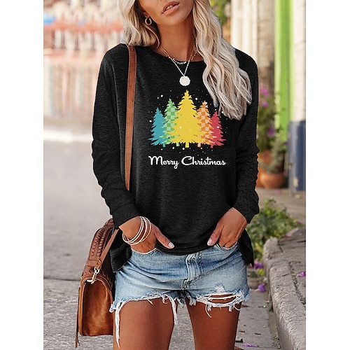 

Women's Pullover Casual Christmas Green Black Blue Tree Letter Christmas Round Neck Long Sleeve S M L XL XXL 3XL