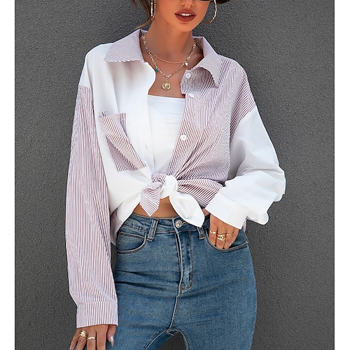 

Women's Shirt Blouse Pink Striped Pocket Print Long Sleeve Daily Weekend Streetwear Casual Shirt Collar Regular S