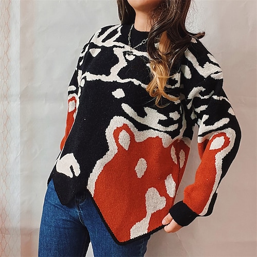 

Women's Pullover Sweater Jumper Crochet Knit Knitted Asymmetric Hem Animal Crew Neck Stylish Casual Daily Holiday Fall Winter White Black S M L / Long Sleeve / Regular Fit