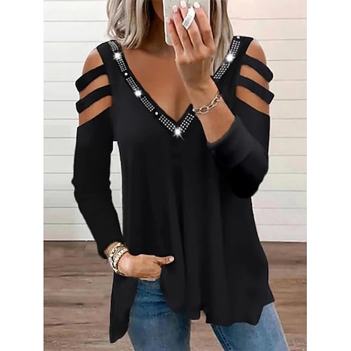 

Women's Blouse Shirt Green Blue Gray Plain Cut Out Rhinestone Long Sleeve Daily Weekend Streetwear Casual V Neck Regular Cotton S