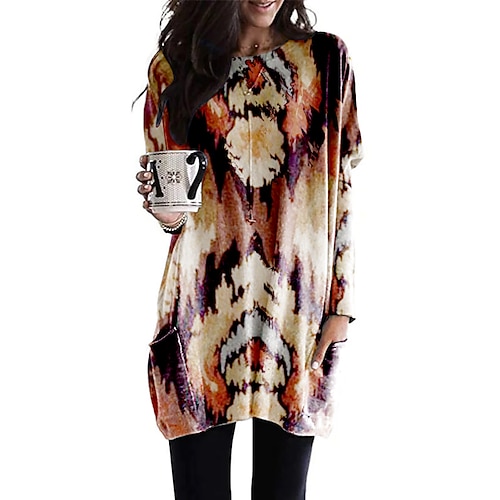 

Women's T shirt Tee Graphic Casual Weekend Painting T shirt Tee Long Sleeve Pocket Print Round Neck Basic Brown S / 3D Print