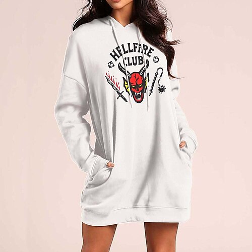 

Women's Hoodie Dress Streetwear Long Pocket Print White Text Stranger Things Daily Hooded Long Sleeve S M L XL XXL