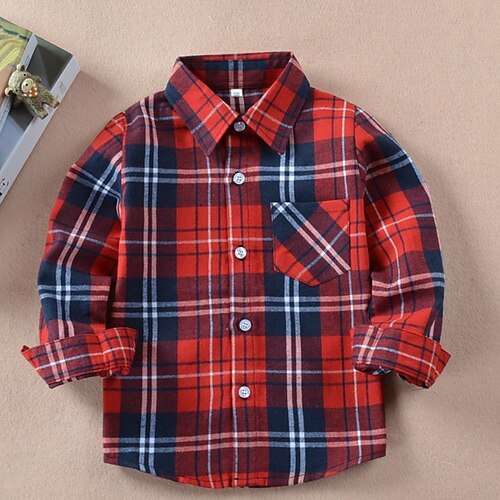 

Kids Boys Shirt Long Sleeve Plaid Red Children Tops Fall Winter Active Cool Daily Outdoor 2-12 Years