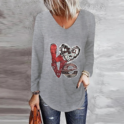 

Women's T shirt Tee Heart Casual Weekend Painting Couple T shirt Tee Long Sleeve Print V Neck Basic White Black Gray S