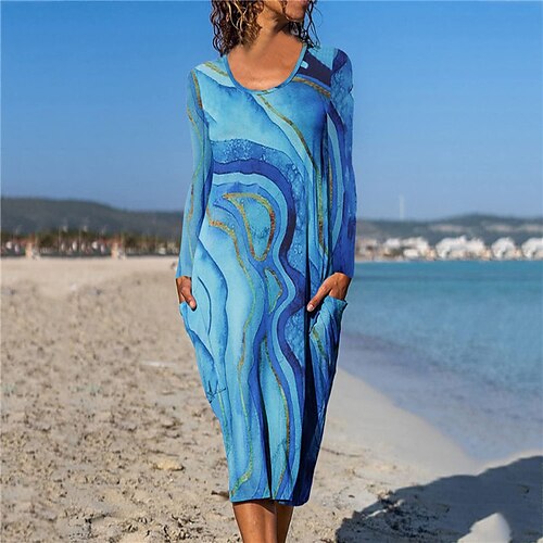 

Women's T Shirt Dress Tee Dress Sheath Dress Midi Dress Green Blue Light Green Long Sleeve Color Gradient Print Fall Winter Crew Neck Casual Loose 2022 S M L XL XXL / Casual Dress