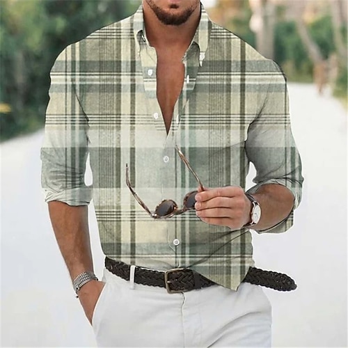 

Men's Shirt 3D Print Plaid Turndown Street Casual Button-Down Print Long Sleeve Tops Casual Fashion Breathable Gray