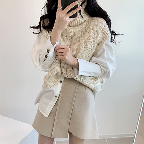 

Women's Sweater Vest Jumper Cable Knit Knitted Pure Color Turtleneck Stylish Casual Daily Going out Fall Winter Black Blue One-Size / Sleeveless