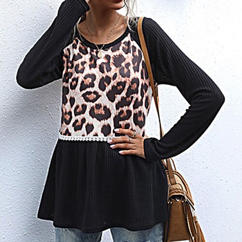 

Women's Pullover Sweater Jumper Crochet Knit Knitted Patchwork Leopard Crew Neck Stylish Casual Daily Going out Fall Winter Black S M L / Long Sleeve