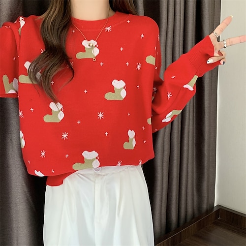 

Women's Pullover Jumper Crochet Knit Knitted Snowflake Crew Neck Casual Christmas Daily Fall Winter Blue Red One-Size / Cotton / Long Sleeve