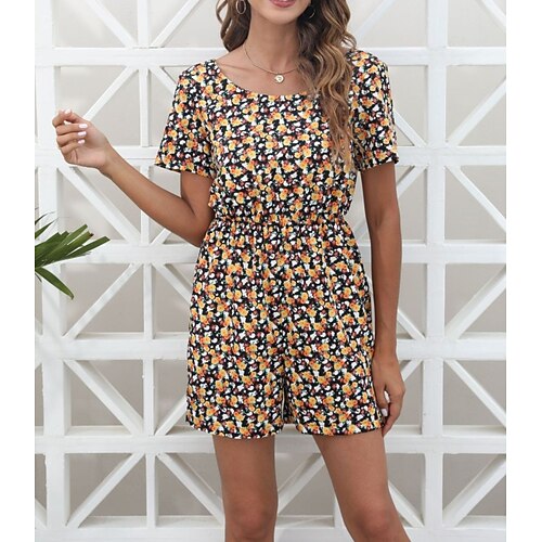 

Women's Romper Floral Crew Neck Streetwear Street Weekend Baggy Shorts Regular Fit Short Sleeve Yellow S M L Summer