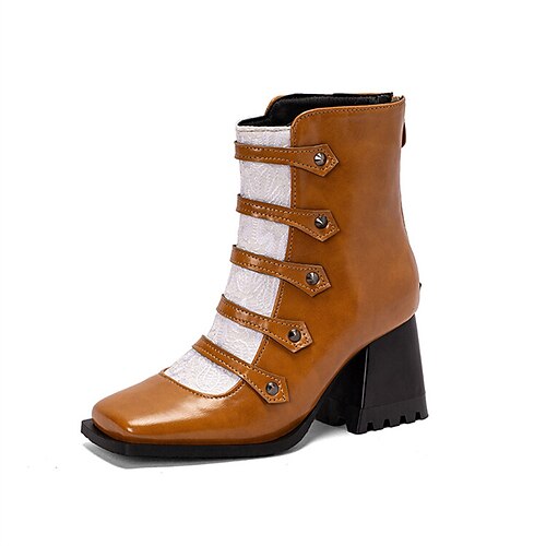 

Women's Boots Daily Booties Ankle Boots Winter Chunky Heel Square Toe Vintage PU Leather Zipper Color Block Black / White Black Burgundy