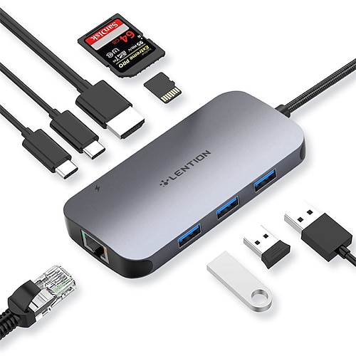 

LENTION USB C Hub with Ethernet 4K HDMI Card Reader USB 3.0 Type C Data and 100W PD Multiport Adapter Compatible with 2022-2016 MacBook Pro New Mac Air/Surface Chromebook More