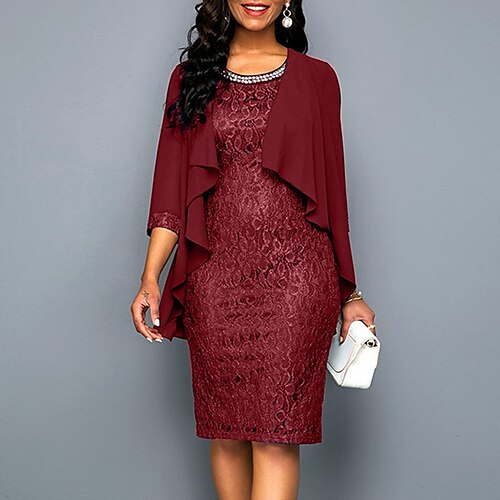 

Women's Two Piece Dress Bodycon Knee Length Dress Black Gray Purple Wine Dark Blue 3/4 Length Sleeve Pure Color Lace Fall Winter Crew Neck Elegant Mature 2022 S M L XL XXL 3XL 4XL 5XL