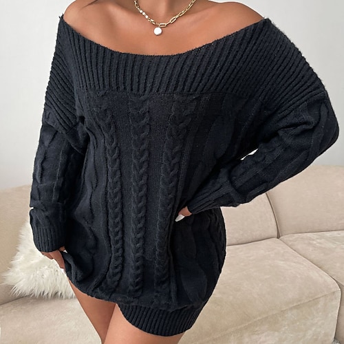 

Women's Plus Size Sweater Jumper Dress Solid Color Off Shoulder Long Sleeve Fall Spring Casual Short Mini Dress Daily Holiday Dress