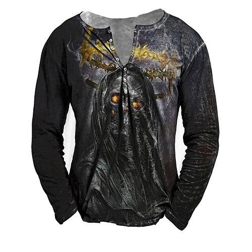 

Men's T shirt Tee Henley Shirt Tee Graphic Skull Henley Black Long Sleeve 3D Print Plus Size Outdoor Daily Button-Down Print Tops Basic Designer Classic Comfortable / Sports
