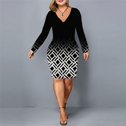 

Women's Plus Size Work Dress Floral V Neck Print Long Sleeve Fall Winter Stylish Work Short Mini Dress Daily Vacation Dress / 3D Print