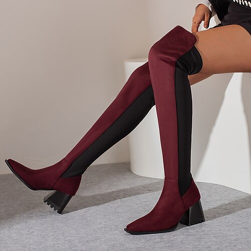 

Women's Boots Heel Boots Over The Knee Boots Chunky Heel Pointed Toe Casual Minimalism Daily Suede Elastic Fabric Loafer Fall Winter Color Block Dark Brown Black Gray