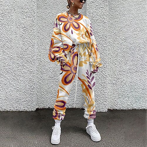 

Women's Sweatshirt Tracksuit Pants Sets Active Streetwear Blue Yellow Sports Outdoor Casual Floral Drawstring Print Crew Neck S M L XL XXL