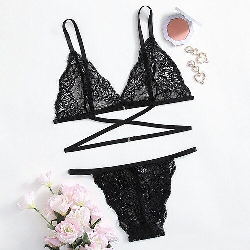 

Ladies Sexy Lace Perspective Sexy Strap Three-point Two-piece Set