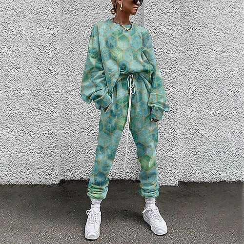 

Women's Active Streetwear Color Block Geometric Sports Outdoor Casual Two Piece Set Sweatshirt Tracksuit Pants Sets Jogger Pants Drawstring Print Tops