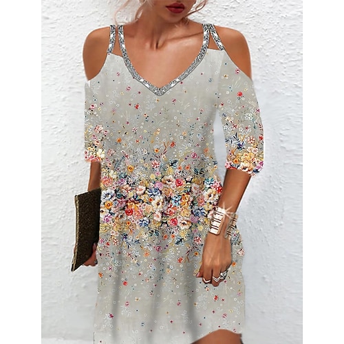 

Women's Casual Dress A Line Dress Short Mini Dress Gray 3/4 Length Sleeve Floral Sequins Cold Shoulder Print Spring Summer Spaghetti Strap Casual Fashion 2022 S M L XL XXL 3XL