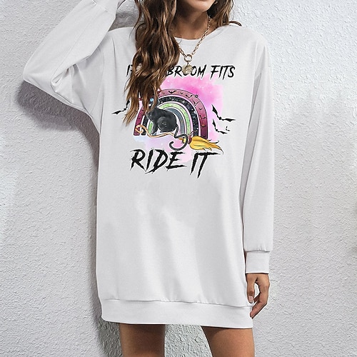 

Women's Pullover Hoodie Dress Streetwear Long Print Black White Cat Text Halloween Crew Neck Long Sleeve S M L XL XXL