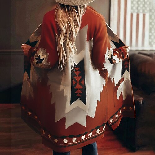 

Women's Winter Coat Warm Breathable Outdoor Daily Wear Vacation Going out Print Open Front V Neck Active Fashion Comfortable Street Style Geometric Regular Fit Outerwear Long Sleeve Winter Fall Orange