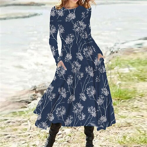 

Women's A Line Dress Midi Dress Blue Navy Blue Long Sleeve Floral Pocket Print Fall Winter Round Neck Casual Vacation 2022 S M L XL XXL 3XL