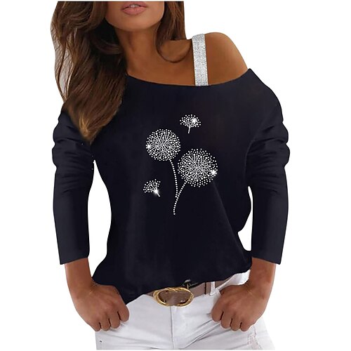 

Women's T shirt Tee Silver Dark Gray Beige Butterfly Star Rhinestone Long Sleeve Casual Weekend Basic Diagonal Neck Regular Floral Butterfly Painting S