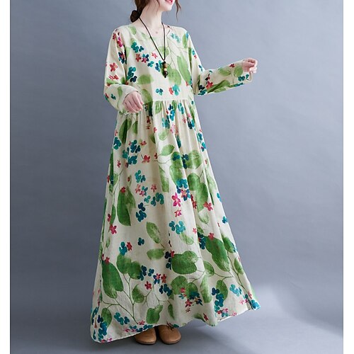 

Women's Swing Dress Maxi long Dress Light Pink Green Blue Yellow Light Green Brown Long Sleeve Floral Print Fall Winter Crew Neck Loose 2022 M L XL XXL