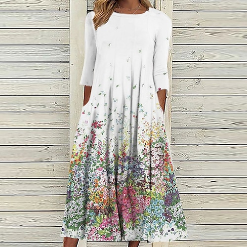 

Women's Casual Dress Shift Dress Midi Dress White 3/4 Length Sleeve Floral Ruched Winter Fall Round Neck Vacation 2023 S M L XL XXL 3XL