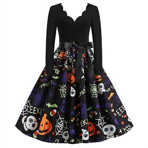 

Women's A Line Halloween Dress Swing Dress Knee Length Dress Black Long Sleeve Abstract Skull Pumpkin Bow Print Fall Winter V Neck Stylish Vintage 2022 S M L XL XXL 3XL