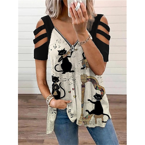 

Mujer Blusa Negro Blanco Amarillo Floral Gato Cortado Cremallera de un cuarto Manga Corta Casual Fin de semana Básico Escote en Pico Largo Flor Gato Pintura S