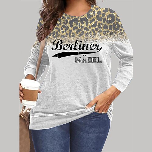 

Women's Plus Size Tops Pullover Sweatshirt Leopard Letter Print Long Sleeve Crewneck Streetwear Daily Vacation Microfiber Fall Winter khaki