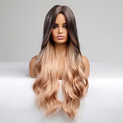 

28inch New Medium Long Curly Hair Wig Brown Gradient Milk Tea Brown