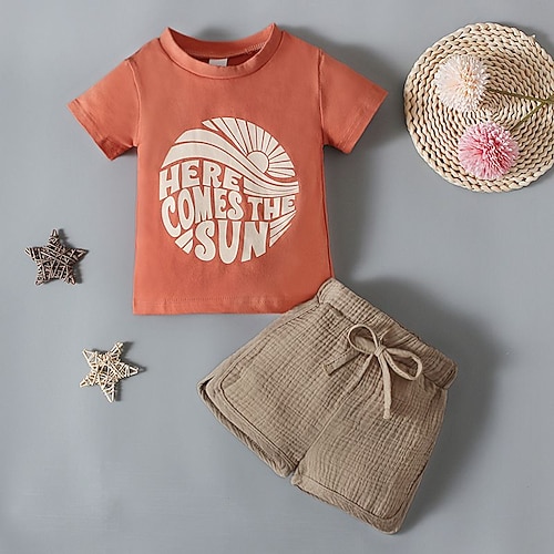 

2 Pieces Kids Girls' T-shirt & Shorts Clothing Set Outfit Letter Short Sleeve Cotton Set Vacation Fashion Comfort Spring Summer 1-5 Years Light Brown