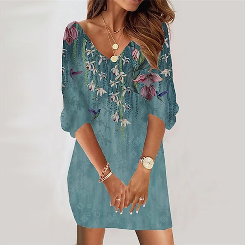 

Women's Casual Dress Bodycon Sheath Dress Mini Dress Blue 3/4 Length Sleeve Floral Print Winter Fall Autumn V Neck Loose Fit 2022 S M L XL XXL 3XL