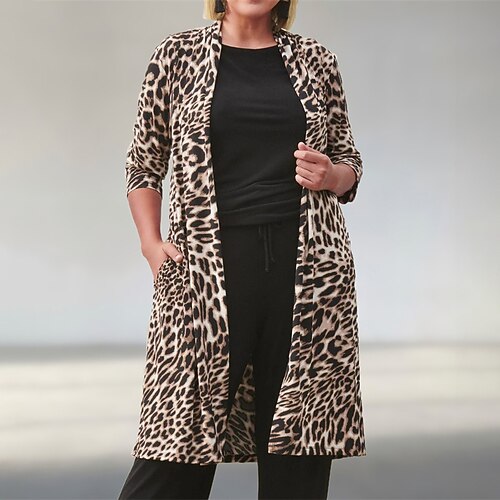 

Women's Plus Size Jacket Pocket Print Abstract Date Vacation Long Sleeve Open Front Long Fall Winter Black Brown L XL XXL 3XL