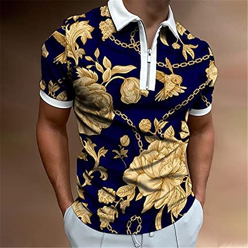 

Herre POLO T-skjorte Golf skjorte Blomstret Aftæpning Navyblå 3D-utskrift utendørs Gate Kort Erme Glidelås Trykt mønster Klær Mote Fritid Pustende / Sommer / Vår / Sommer