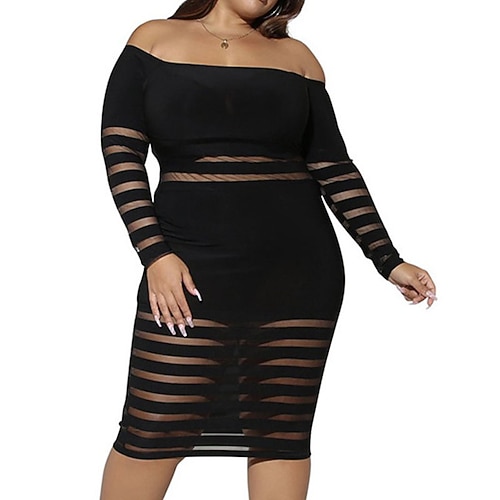 

Women's Plus Size Party Dress Striped Off Shoulder Mesh Long Sleeve Winter Fall Work Sexy Prom Dress Mini Dress Party Date Dress