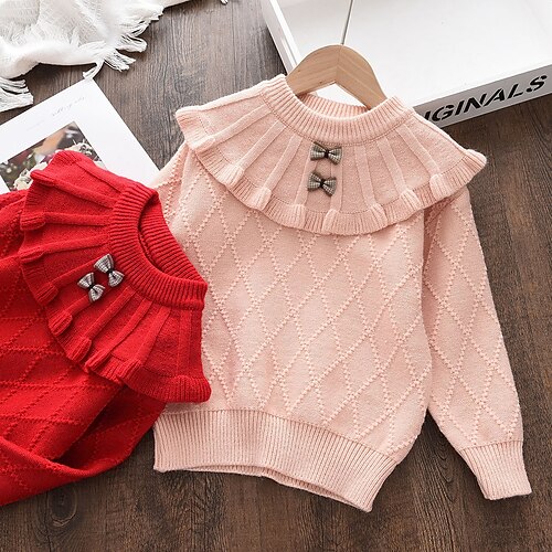 

Kids Girls' Sweater Plaid Daily Long Sleeve Tie Knot Cute 3-6 Years Winter Pink Red