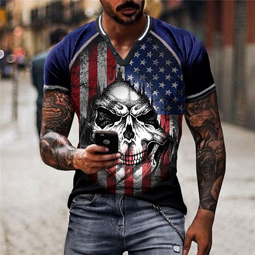 

Men's Unisex T shirt Tee Color Block Skull Graphic Prints V Neck Blue Short Sleeve 3D Print Outdoor Street Patchwork Button-Down Tops Sports Designer Casual Big and Tall / Summer / Summer