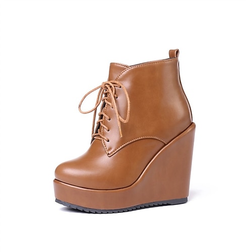 

Women's Boots Daily Lace Up Boots Booties Ankle Boots Winter Wedge Heel Round Toe Classic PU Leather Lace-up Solid Colored Black Yellow Beige