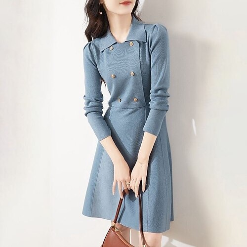 

Women's Sweater Dress Winter Dress Knit Dress Blue Black Long Sleeve Pure Color Button Knit Winter Fall Shirt Collar Stylish Elegant Modern Fit 2022 One-Size Winter Dress