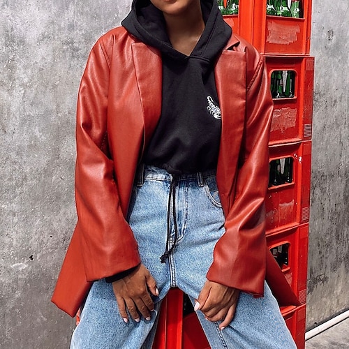 

Women's Faux Leather Jacket Waterproof Windproof Outdoor Street Daily Vacation Pocket Single Breasted Lapel Chic & Modern Street Style Solid Color Regular Fit Outerwear Long Sleeve Winter Fall Green