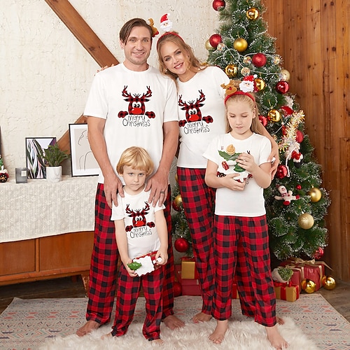 

Christmas Pajamas Ugly Family Set Plaid Letter Deer Patchwork White Long Sleeve Mom Dad and Me Mom Dad and Me Adorable Matching Outfits Spring Fall Print