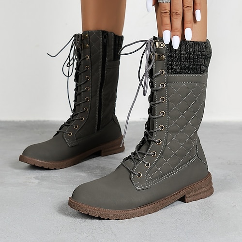 

Women's Boots Daily Lace Up Boots Mid Calf Boots Winter Lace-up Block Heel Round Toe PU Zipper Solid Colored Dark Brown Black Gray